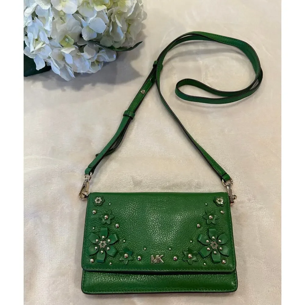MICHAEL KORS Mercer Floral Embellished Pebbled Leather Smartphone Crossbody